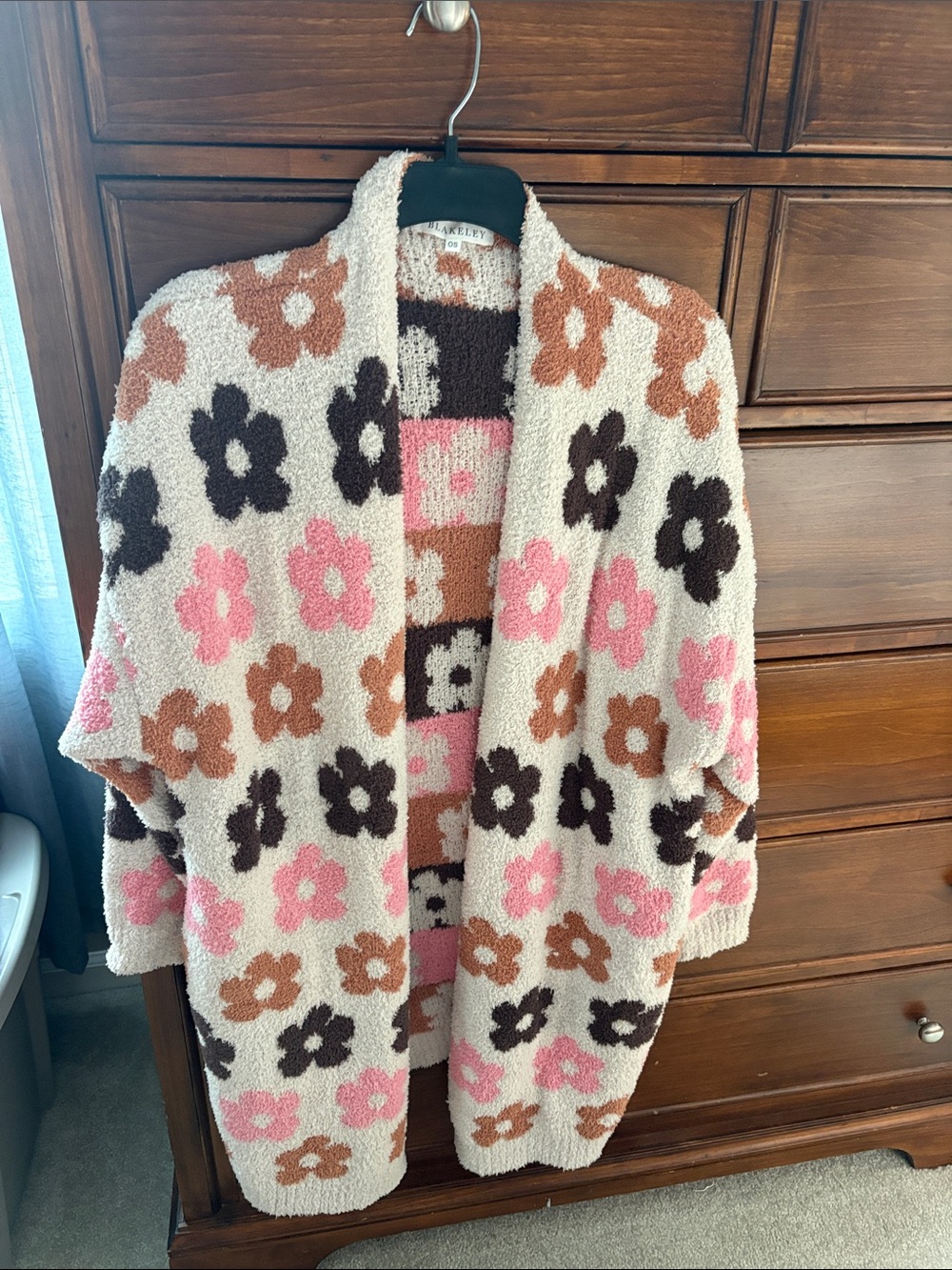 Plush Open-Front Floral Cardigan Sweater - Pink/Brown/Cream